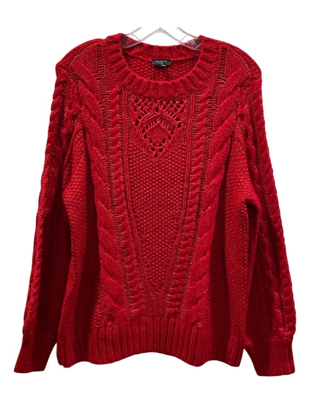 Talbots Holiday Cable Knit Wool Blend Sweater PL Red Balloon Sleeve Layers Cozy